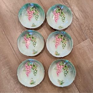 6 PCs P T Bavaria Dessert Bowls 5.5” Pink Green Grapes Gold Rim Hand Painted Vtg